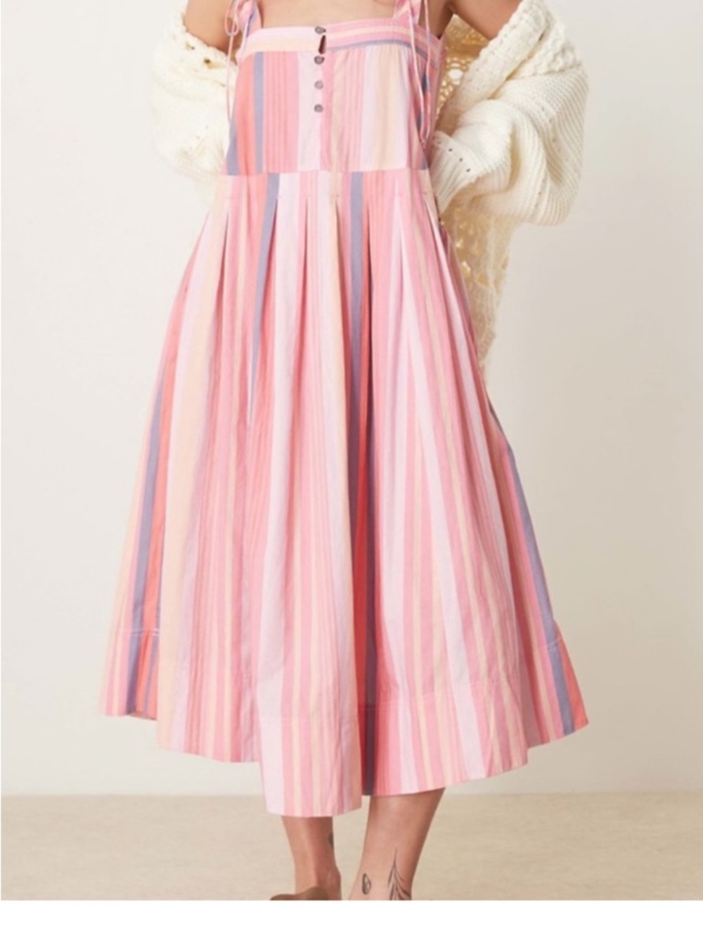 Free People Pink Stripe Drop Waist Midi Sun Dress Button Front. NWOT  size Small